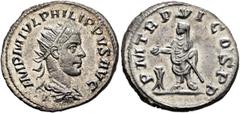 Roman Imperial Philip II, 247-249. Antoninianus (Silver, 22 mm, 4.54 g, 6 h), Antiochia, 249. IMP M IVL PHILIPPVS AVG Radiate, draped and cuirassed bust of Philip II to right, seen from behind. Rev. P