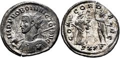 Roman Imperial Probus, 276-282. Antoninianus (Silvered bronze, 23 mm, 3.79 g, 5 h), Ticinum, 277-278. IMP PROBO INVICTO AVG Radiate and cuirassed bust of Probus to left, holding spear over his right s