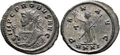 Roman Imperial Probus, 276-282. Antoninianus (Silvered bronze, 23 mm, 3.40 g, 6 h), Ticinum, 281. IMP C PROBVS AVG Radiate bust of Probus to left in consular robes, holding eagle-tipped scepter in his