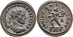 Roman Imperial Galerius, as Caesar, 293-305. Antoninianus (Silvered bronze, 23 mm, 3.54 g, 6 h), Ticinum, 293-294. GAL VAL MAXIMIANVS NOB CAES Radiate, draped and cuirassed bust of Galerius to right, 
