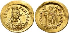 Roman Imperial Odovacar, king, 476-493. Solidus (Gold, 20 mm, 4.42 g, 6 h), struck in the name of Zeno, Ravenna. D N ZENO PER P F AVG Helmeted, pearl-diademed and cuirassed bust of Zeno facing, his he