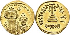 Byzantine Constans II, with Constantine IV, 641-668. Solidus (Gold, 19 mm, 4.39 g, 6 h), Constantinopolis, circa 654-659. δ N CONSTANTINЧS C CONSTANTINV Crowned and draped bust of Constans II facing, 