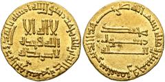 Early Medieval & Islamic ISLAMIC, 'Abbasid Caliphate. temp. Al-Mansur, AH 136-158 / AD 754-775. Dinar (Gold, 18 mm, 4.27 g, 12 h), without mint, AH 158 = 774/5. ‘lā ilāha illā / Allāh waḥdahū / lā sha