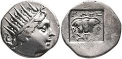 Greek ISLANDS OFF CARIA, Rhodos. Rhodes. Circa 88-84 BC. Drachm (Silver, 15 mm, 2.17 g, 12 h), 'Plinthophoric' coinage, Maes, magistrate, circa 88-84. Radiate head of Helios to right. Rev. P - O Rose 