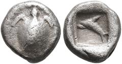 Greek WESTERN ASIA MINOR, Uncertain. 5th century BC. Obol (Silver, 9 mm, 0.82 g, 1 h). Sea turtle seen from above. Rev. Dolphin jumping to left within incuse square. CNG E-Auction 452 (2019), 282 var.