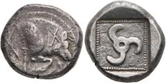 Greek DYNASTS OF LYCIA. Uncertain dynast, circa 520-470/60 BC. Stater (Silver, 18 mm, 8.26 g, 11 h). Forepart of a boar running right; X on neck and X behind truncation. Rev. Triskeles within incuse s