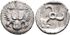 Greek DYNASTS OF LYCIA. Mithrapata, circa 390-370 BC. Diobol (Silver, 13 mm, 1.25 g), uncertain mint. Facing lion's scalp. Rev. 𐊎-𐊆-𐊉-𐊕-𐊀 ('Mithra' in Lycian) Triskeles. Müseler VII 91 var. (diff