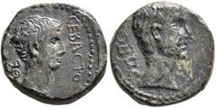 Roman Provincial MACEDON. Thessalonica. Augustus, with Divus Julius Caesar, 27 BC-AD 14. Assarion (Bronze, 19 mm, 8.08 g, 6 h). ΘΕ - CEBACTOC Bare head of Augustus to right. Rev. ΘEOC Bare head of Div
