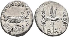 Roman Republican & Imperatorial Mark Antony, 44-30 BC. Denarius (Silver, 17 mm, 3.80 g, 6 h), military mint moving with Mark Antony (Patrae?), 32-31. ANT•AVG - III•VIR•R•P•C Galley right, with scepter
