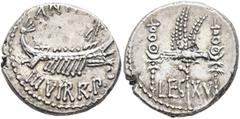 Roman Republican & Imperatorial Mark Antony, 44-30 BC. Denarius (Silver, 17 mm, 3.76 g, 6 h), military mint moving with Mark Antony (Patrae?), 32-31. ANT [AVG] - III VIR R•P•C Galley right, with scept