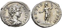 Roman Imperial Caracalla, 198-217. Denarius (Silver, 18 mm, 3.21 g, 1 h), Rome, 200. ANTONINVS AVGVSTVS Laureate, draped and cuirassed bust of Caracalla to right, seen from behind. Rev. PONTIF TR P II