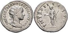 Roman Imperial Gordian III, 238-244. Antoninianus (Silver, 21 mm, 4.12 g, 1 h), Antiochia, 239. IMP CAES M ANT GORDIANVS AVG Radiate, draped and cuirassed bust of Gordian III to right, seen from behin