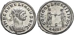 Roman Imperial Aurelian, 270-275. Antoninianus (Silvered bronze, 23 mm, 4.31 g, 6 h), Siscia, summer 274. IMP C AVRELIANVS AVG Radiate and cuirassed bust of Aurelian to right. Rev. CONCORDIA MILITVM /