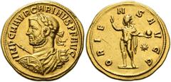 Roman Imperial Carinus, 283-285. Aureus (Gold, 20 mm, 5.87 g, 7 h), Siscia, 283. IMP C M AVR CARINVS P F AVG Laureate, draped and cuirassed bust of Carinus to left, seen from behind, holding spear in 