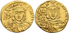 Byzantine Constantine V Copronymus, with Leo IV, 741-775. Solidus (Gold, 19 mm, 4.45 g, 6 h), Constantinopolis, circa 742-745. d LЄON P A MЧL Crowned bust of Constantine's father Leo III facing, weari