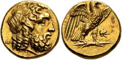 Greek CALABRIA. Tarentum. Circa 280 BC. Stater (Gold, 17 mm, 8.59 g, 5 h). Laureate head of Zeus to right; behind neck, monogram of NK. Rev. [TAPANTINΩN] Eagle with open wings standing right on thunde