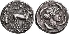 Greek SICILY. Syracuse. Second Democracy, 466-405 BC. Tetradrachm (Silver, 26 mm, 17.00 g, 11 h), circa 450-440. Charioteer driving quadriga walking to right, holding goad in his right hand and reins 