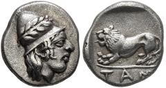 Greek TAURIC CHERSONESOS. Tamyrake. Circa 400-375 BC. Diobol (Silver, 9 mm, 1.28 g, 11 h). Head of a young Kabeiros to right, wearing laureate conical cap. Rev. TAM Lion crouching left; all within inc