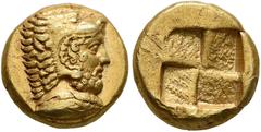Greek MYSIA. Kyzikos. 5th-4th century BC. Hekte (Electrum, 10 mm, 2.65 g, 12 h). Head of bearded Herakles to right, wearing lion skin headdress; below, tunny to right. Rev. Quadripartite incuse square
