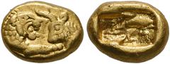 Greek KINGS OF LYDIA. Kroisos, circa 560-546 BC. 1/6 Stater (Gold, 9 mm, 1.33 g), light standard, Sardes. Confronted foreparts of a lion and a bull. Rev. Two incuse squares, one larger than the other.