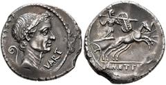 Roman Republican & Imperatorial Julius Caesar, 49-44 BC. Denarius (Silver, 17 mm, 3.55 g, 1 h), with M. Mettius, moneyer. Rome, January 44. CAESA[R•DICT] - QVART Wreathed head of Julius Caesar to righ