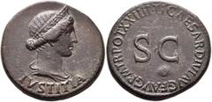 Roman Imperial Julia Augusta (Livia), Augusta, 14-29. Dupondius (Orichalcum, 28 mm, 15.37 g, 6 h), Rome, struck under Tiberius, 22-23. IVSTITIA Diademed and draped bust of Julia Augusta (Livia) as Jus