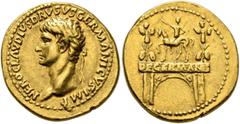 Roman Imperial Nero Claudius Drusus, died 9 BC. Aureus (Gold, 20 mm, 7.71 g, 2 h), Lugdunum, struck under Claudius, circa 41-45. NERO•CLAVDIVS•DRVSVS•GERMANICVS•IMP Head of Nero Claudius Drusus to lef