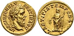 Roman Imperial Pertinax, 193. Aureus (Gold, 16 mm, 7.28 g, 6 h), Rome, 1 January-28 March 193. IMP CAES P HELV PERTIN•AVG Laureate head of Pertinax to right. Rev. LAETITIA•TEMPOR•COS•II Laetitia stand