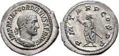 Roman Imperial Gordian I, 238. Denarius (Silver, 21 mm, 2.82 g, 1 h), Rome, March-April 238. IMP M ANT GORDIANVS AFR AVG Laureate, draped and cuirassed bust of Gordian I to right, seen from behind. Re