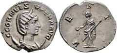 Roman Imperial Cornelia Supera, Augusta, 253. Antoninianus (Silver, 22 mm, 3.16 g, 6 h), Rome. C CORNEL SVPERA AVG Diademed and draped bust of Cornelia Supera set to right on crescent. Rev. VESTA Vest