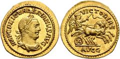 Roman Imperial Valerian I, 253-260. Aureus (Gold, 21 mm, 3.57 g, 12 h), Samosata, 255-256. IMP C P LIC VALERIANVS AVG Laureate, draped and cuirassed bust of Valerian to right. Rev. VICTORIAE / AVGG Vi