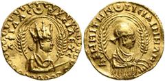 The Dr. S. Coffman Collection of Axumite Coins Aphilas, circa 310-325. Chrysos (Gold, 18 mm, 2.81 g, 12 h). ΑΦΙΛΑC - ΒΑCΙΛЄΥC Draped bust of Aphilas to right, wearing tiara and circular earring, holdi