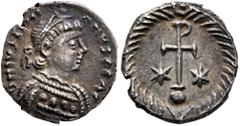 The James Knox Collection of Biblical related Coins Justinian I, 527-565. Half Siliqua (?) (Silver, 12 mm, 0.89 g, 5 h), Ravenna, circa 552-565. D N IVSTINIANVS P P AG Diademed, draped and cuirassed b