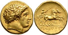 Greek KINGS OF MACEDON. Philip II, 359-336 BC. Stater (Gold, 18 mm, 8.59 g, 7 h), Pella, struck under Philip II or Alexander III, circa 340/36-328. Laureate head of Apollo to right. Rev. ΦΙΛΙΠΠOY Char