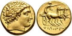 Greek KINGS OF MACEDON. Philip II, 359-336 BC. Stater (Gold, 18 mm, 8.62 g, 12 h). Pella, struck under Philip II or Alexander III, circa 340/36-328. Laureate head of Apollo to right. Rev. ΦΙΛΙΠΠO[Y] C