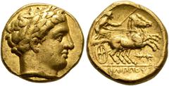 Greek KINGS OF MACEDON. Philip II, 359-336 BC. Stater (Gold, 17 mm, 8.59 g, 4 h), Amphipolis, struck under Philip II or Alexander III, circa 340/36-328. Laureate head of Apollo to right. Rev. ΦΙΛΙΠΠΟΥ