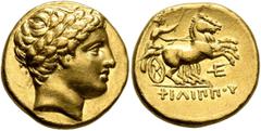 Greek KINGS OF MACEDON. Philip II, 359-336 BC. Stater (Gold, 17 mm, 8.58 g, 5 h), Amphipolis (?), struck under Philip III or Kassander, circa 323/2-315. Laureate head of Apollo to right. Rev. ΦΙΛΙΠΠOY