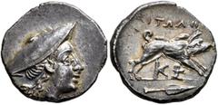Greek AITOLIA, Aitolian League. Circa 170-160 BC. Triobol (Silver, 16 mm, 2.45 g, 12 h), Korkyrean standard. Head of Aitolia to right, wearing kausia. Rev. ΑΙΤΩΛΩ[N] Boar jumping right; below, two mon