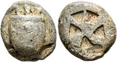 Greek ISLANDS OFF ATTICA, Aegina. Circa 525-480 BC. 'Stater' (Lead, 28 mm, 7.58 g, 12 h). Sea turtle seen from above, head in profile. Rev. Incuse square of 'Union Jack' pattern with some sections fil