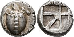 Greek ISLANDS OFF ATTICA, Aegina. Circa 480-457 BC. Stater (Silver, 20 mm, 12.00 g). Sea turtle seen from above, head in profile, with thick collar and row of dots down its back. Rev. Square incuse wi