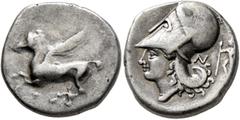 Greek CORINTHIA. Corinth. Circa 375-300 BC. Stater (Silver, 21 mm, 8.54 g, 3 h). Ϙ Pegasus flying left. Rev. Head of Athena to left, wearing Corinthian helmet; behind neckguard, N and Ares standing le