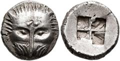 Greek CIMMERIAN BOSPOROS. Pantikapaion. Circa 480-470 BC. Triobol (Silver, 13 mm, 3.08 g). Facing head of a lion. Rev. Quadripartite incuse square. Frolova Type I. HGC 7, 31. MacDonald 1/5. SNG BM Bla
