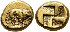 Greek MYSIA. Kyzikos. Circa 500-450 BC. Hemihekte – 1/12 Stater (Electrum, 9 mm, 1.30 g). Lion to right, gnawing on leg of prey; below, tunny to right. Rev. Quadripartite incuse square. Hurter & Liewa