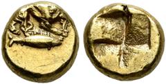 Greek MYSIA. Kyzikos. Circa 500-450 BC. Myshemihekte – 1/24 Stater (Electrum, 6 mm, 0.66 g). Lion to right, gnawing on leg of prey; below, tunny to right. Rev. Quadripartite incuse square. SNG Paris -