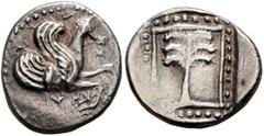Greek TROAS. Skepsis. 5th century BC. Triobol or Hemidrachm (Silver, 13 mm, 1.45 g, 3 h). ΣΚΗΨΙΩΝ Forepart of Pegasos to right. Rev. Fir tree within linear square border surrounded by a pelleted borde