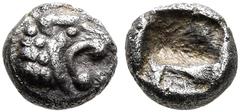 Greek WESTERN ASIA MINOR, Uncertain. 5th century BC. Tetartemorion (Silver, 4 mm, 0.20 g). Head of a roaring lion to right. Rev. Rough incuse square. Klein -. GRPC Lydia S13 ('Lydia'). Leu Web Auction