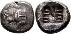 Greek DYNASTS OF LYCIA. Uncertain dynast, circa 500-480 BC. Stater (Silver, 20 mm, 9.53 g). Forepart of boar to left; on its shoulder, Lycian letter T. Rev. Incuse square decorated with a globe attach