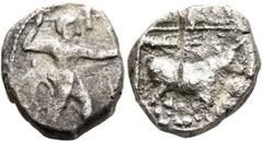 Greek CILICIA. Uncertain. Circa 450-400 BC. 1/3 Stater (Silver, 15 mm, 3.42 g, 6 h). Nude male figure standing right, wielding double-axe above his head with his right hand and grabbing tree with his 