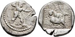 Greek CYPRUS. Kition. Baalmelek II, circa 425-400 BC. Stater (Silver, 23 mm, 11.11 g, 3 h). Herakles in fighting stance to right, wearing lion skin, holding club overhead in right hand and bow extende