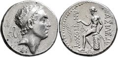 Greek SELEUKID KINGS OF SYRIA. Antiochos IV Epiphanes, 175-164 BC. Tetradrachm (Silver, 28 mm, 16.80 g, 1 h), Ake-Ptolemais, summer to fall 168 or slightly later. Diademed head of Antiochos IV to righ